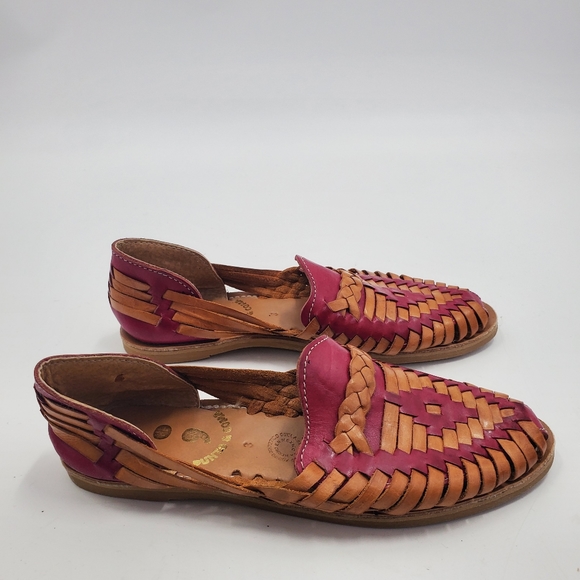 Punto & Coma Mexican Leather Huarache Pink/Brown/Tan Boho Woven Sandals Shoes - Picture 4 of 7